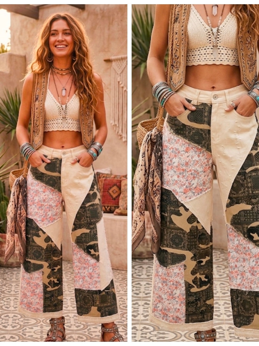 POL Patchwork Wide-Leg Jeans in Cream, Olive & Pink Floral